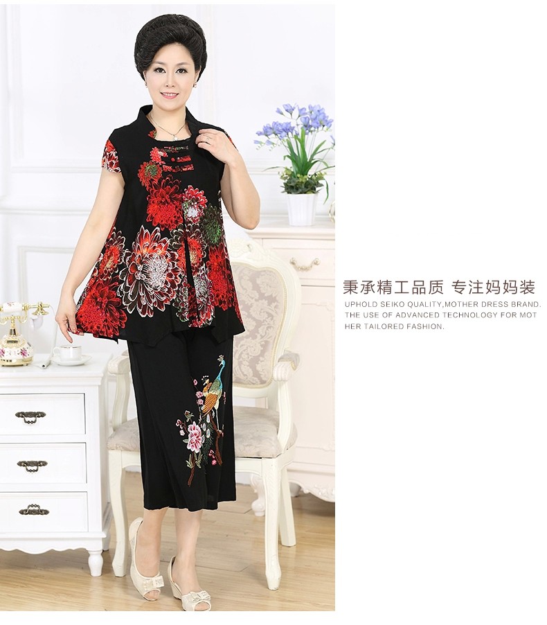 Phụ nữ trung niên mùa hè của phù hợp với 40-50 tuổi mới bông và vải lanh hai mảnh gió quốc gia kích thước lớn trung niên mẹ quần áo cho mẹ