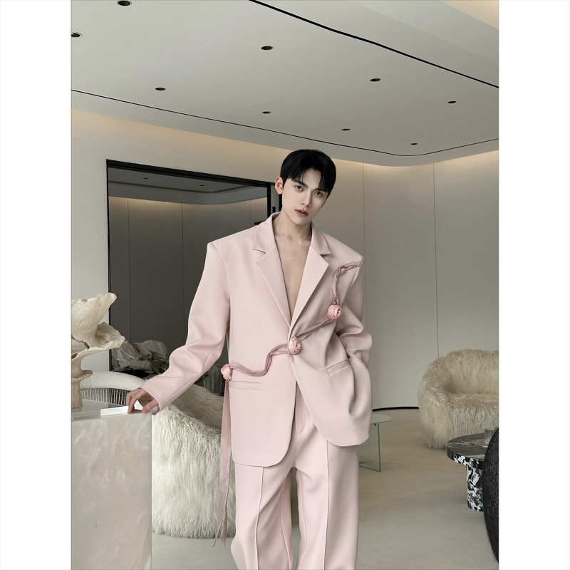 2026 Spring Original Rose Ribbon Design Suit Set for Men, Pink High-End Performance Long Pants Set