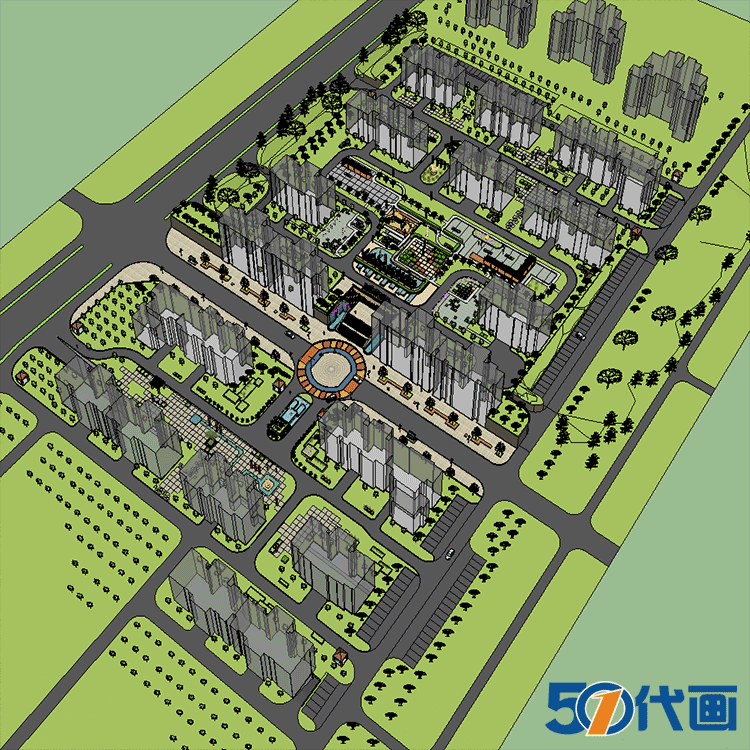 T1957居住区规划SU模型小区建筑方案高层楼盘住宅sketchup设...-12