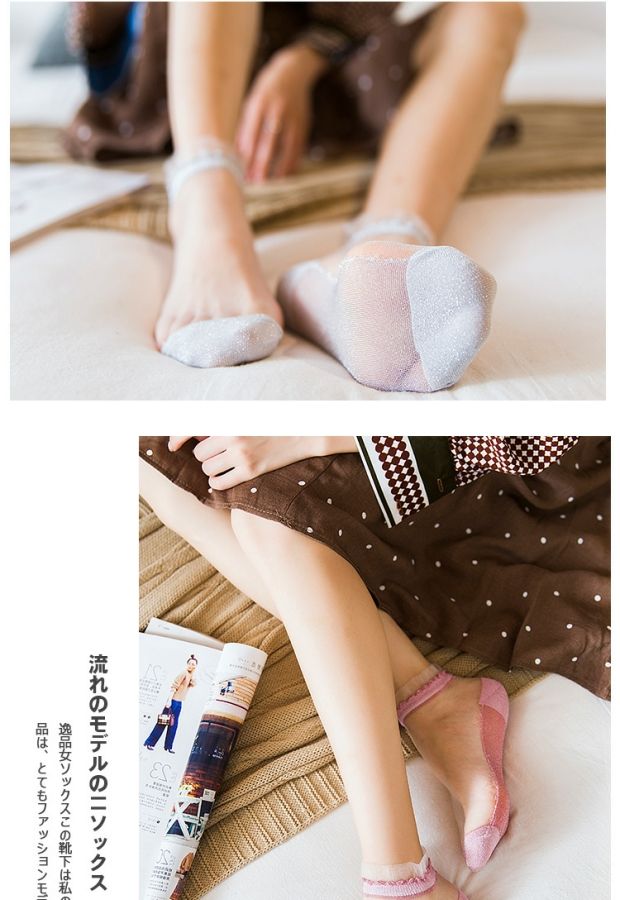 Vớ nữ bằng thủy tinh Nhật Bản lụa siêu mỏng vớ pha lê đại học gió ngắn vớ bên ren thấp để giúp trong suốt thoáng khí - Vớ tất nữ cổ cao