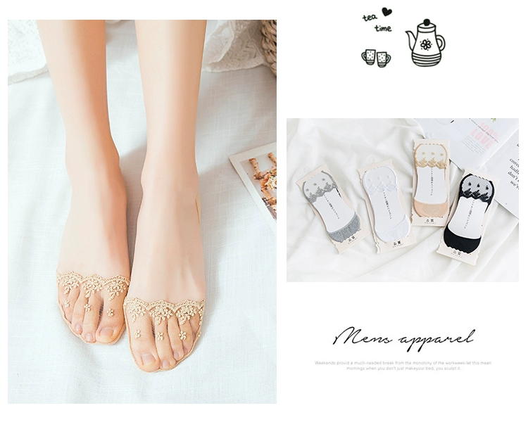 Thuyền vớ nữ mùa hè phần mỏng cotton Hàn Quốc vớ vô hình lưới openwork ren mặt nông miệng vớ dưới không trượt vớ