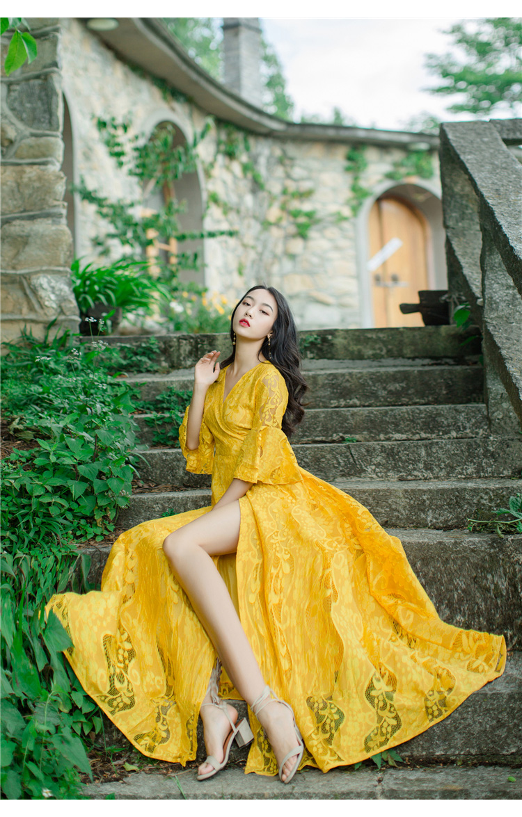 Sanya bãi biển váy trumpet tay áo mở đu lớn đầm ren Vân Nam Dali ảnh du lịch Lệ Giang váy dài đầm voan dài