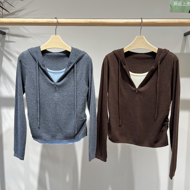 Fake Two-Piece Hooded Knit Sweater for Women 2026 Winter New Style Drawstring Ruched Waist Slimming Sweater Top Hoodie