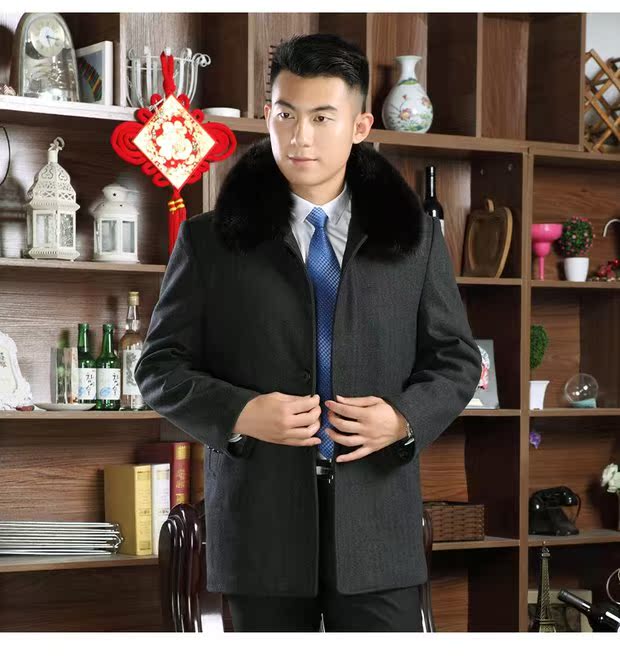 Áo khoác len nam mùa đông dày với cổ áo lông thú và áo khoác nhung cho nam trung niên áo gió ngắn áo bò nam
