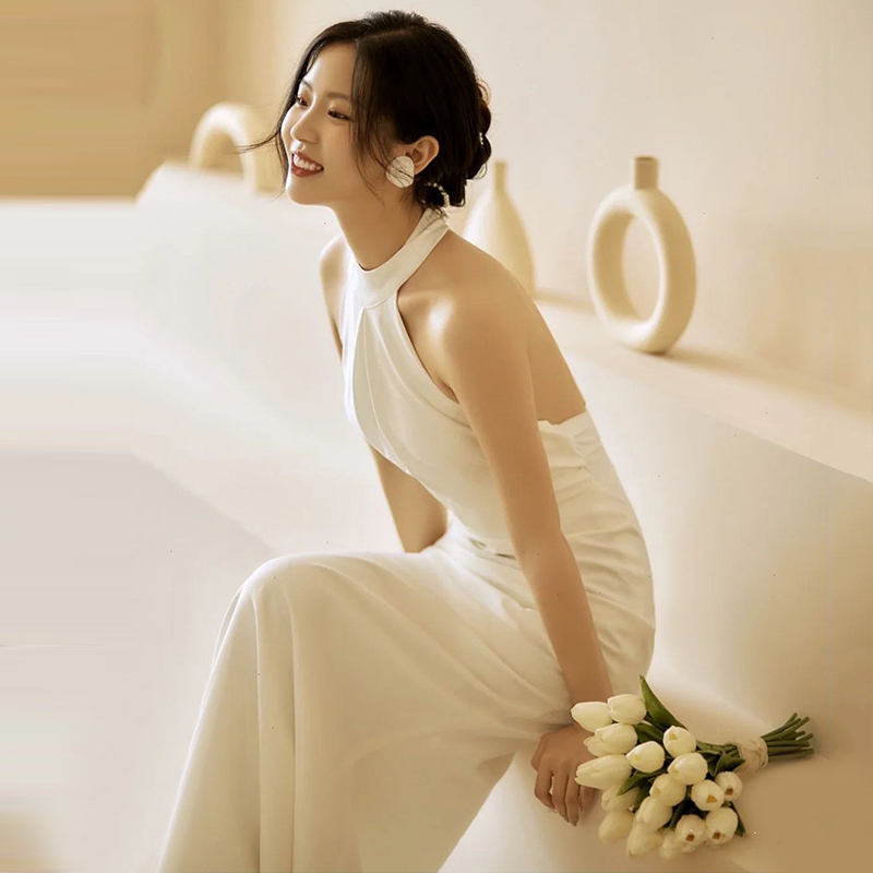 French-Style Halter Neck Satin Simple Bridal Wedding Morning Gown Travel Photo Shoot Reception Going-Out Dress Banquet Toast Evening Dress White Dress