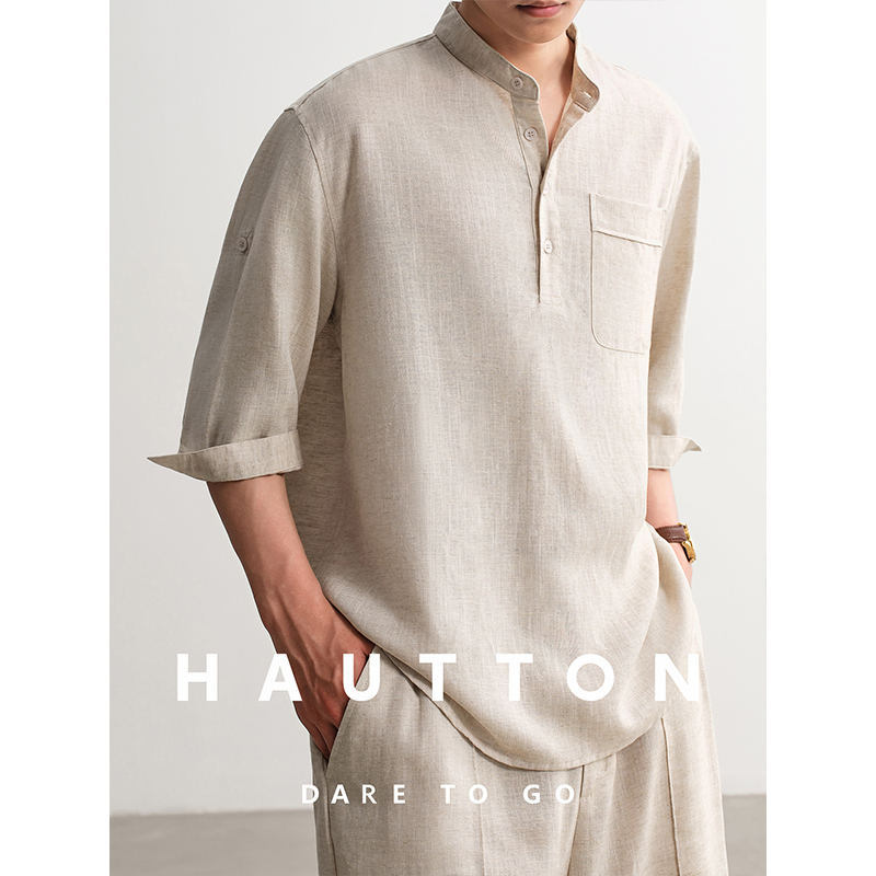[Tencel Linen] Hautton Old Money Style Lyocell Short Sleeve T-Shirt Men's Henley Collar Shirt Set