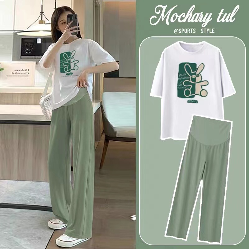 Maternity Summer Outfit Set, Fashionable for Going Out, Pure Cotton Short-Sleeved Top, Loose and Casual, Stylish Ice Silk Casual Pants Two-Piece Set