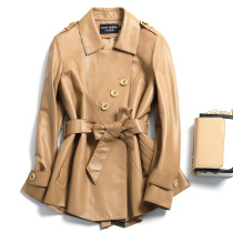 2021 Spring and Autumn New Leather Leather Women's Middle School Long Slim Slim Belt Waist Sheepskin Windbreaker Z909