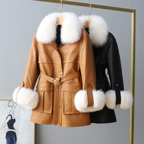 2021 new leather leather female fox fur collar to overcome long waist sheep leather down jacket 20231