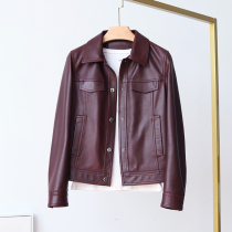Spring and Autumn 2021 New Leather Jacket Short Slim Leather Women Sheepskin Wine Red Jacket Z902