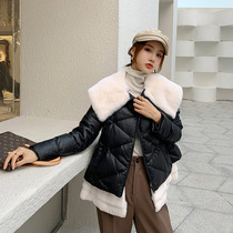 Special winter new leather down jacket female fur coat loose short Rex rabbit fur collar white duck down 20233