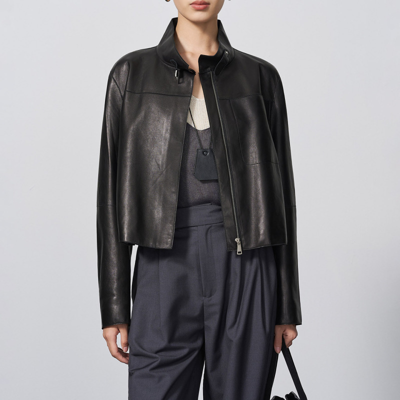 Haining Genuine Leather Jacket for Women 2026 New Style Petite Lambskin Short Stand Collar High-End Leather Jacket