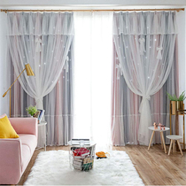  Gradient bow curtains hollow star curtains beautiful hollow star princess wind shading bedroom net red curtains