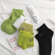 Double needle 85 pure cotton avocado color low-top socks womens Japanese cant fall off with green short tube ins super fire socks