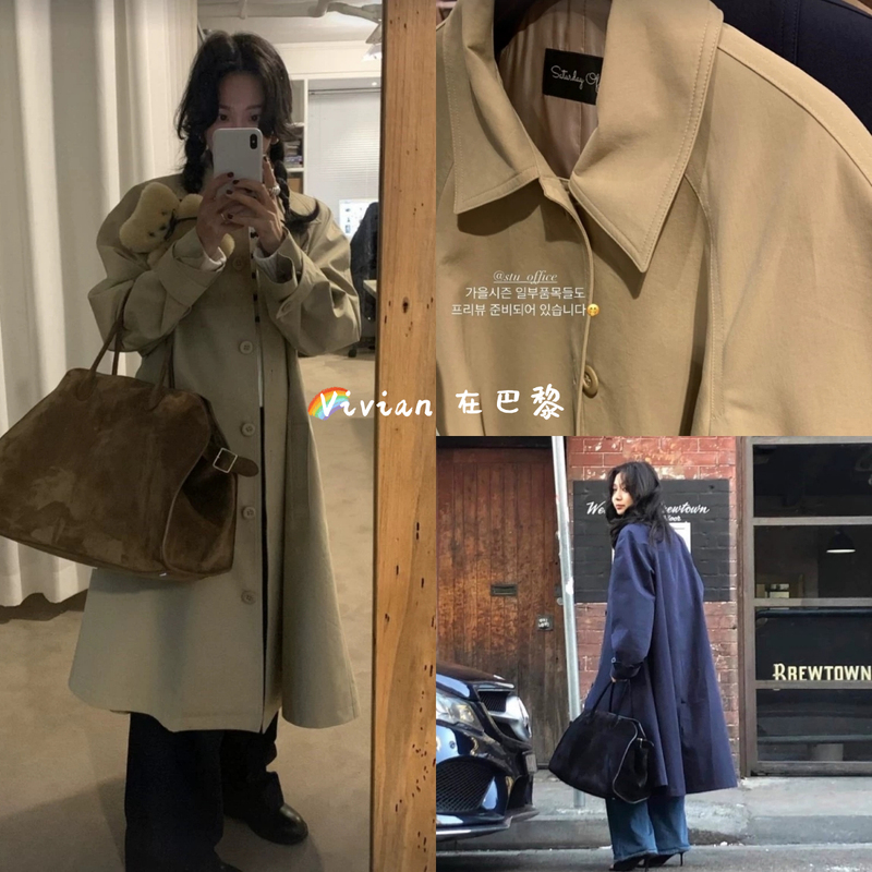 Domestic In-Stock Stu Fever Same Style Retro British Style Loose Raglan Sleeve Mac Jacket Trench Coat for Women