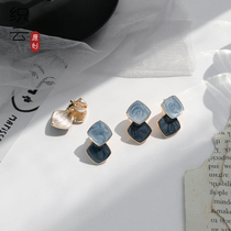 Ear clip without ear hole female small square earrings fresh literary blue earrings geometric studs female summer simple