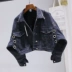 Siêu ngắn eo cao denim denim nữ thô POLO cổ áo rỗng kim loại nhẫn bat tay áo choàng áo sơ mi lỏng lẻo shop áo khoác nữ hàn quốc Áo khoác ngắn