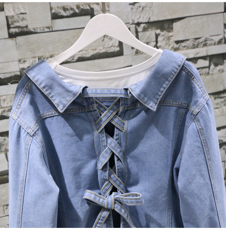 2017 mùa thu mới đơn ngực lỏng mỏng dài tay lại dây đeo nơ denim cardigan áo ngắn nữ áo kiểu nữ đẹp 2021