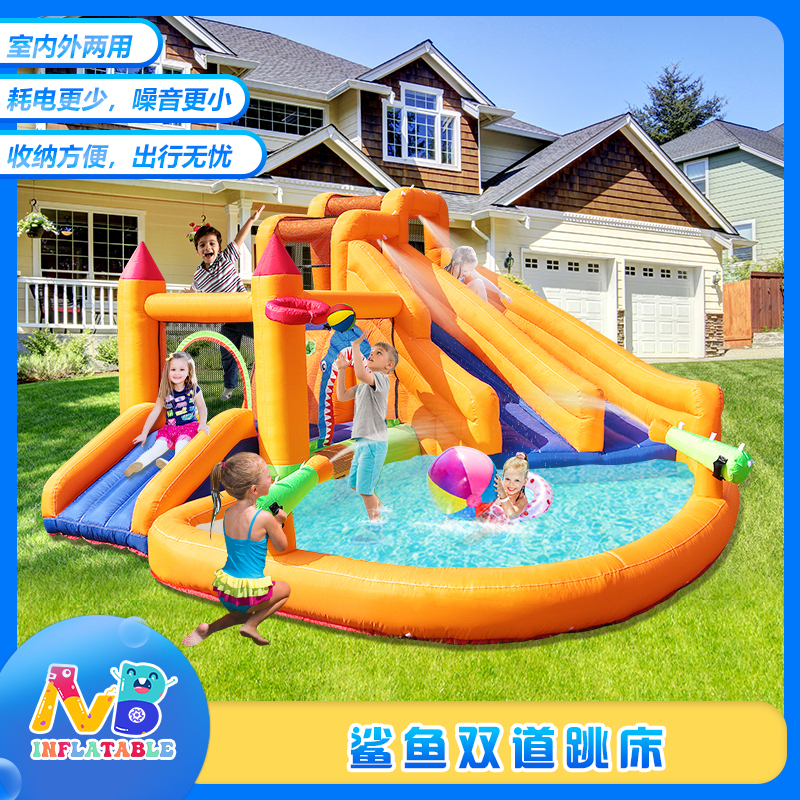 Children's Inflatable Castle with Double Slides, Cartoon Shark Indoor Trampoline, Water Slide, Amusement Park, Summer Outdoor Playhouse