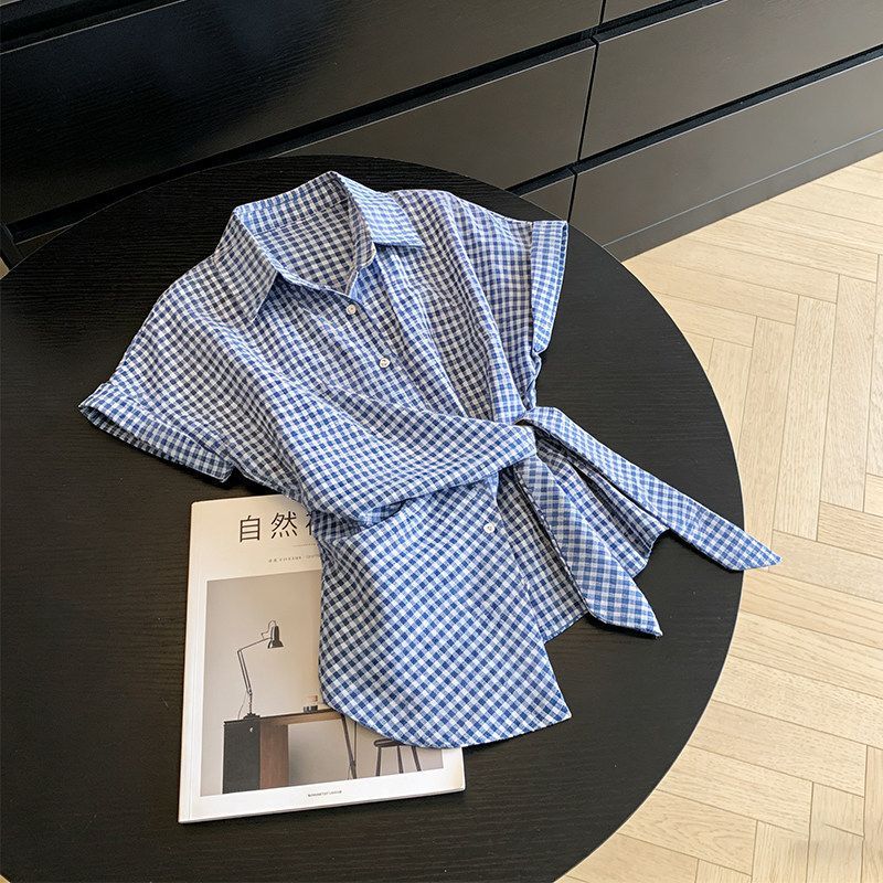 Plus-Size Elegant Waist-Cinching Tie Short-Sleeve Blue Shirt for Women, Summer 2026 New Slim-Fit French Plaid Top