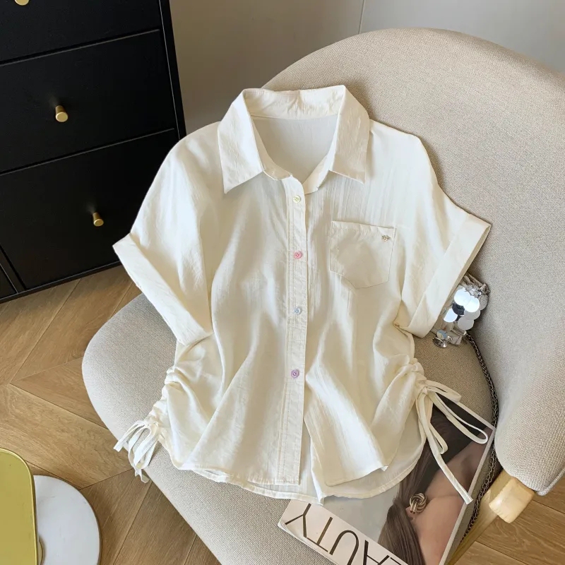 Korean Style Polo Collar White Shirt for Women, Summer Loose Casual Regular Shoulder Short-Sleeve Shirt with a Design Featuring Drawstring Short Top