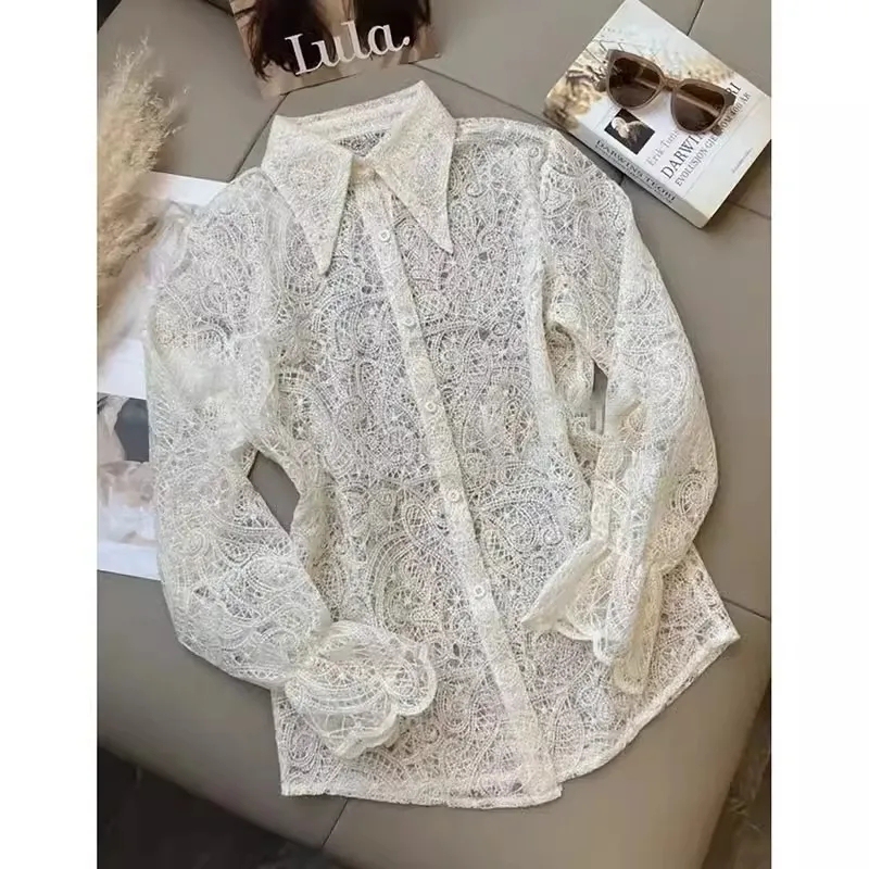 Heavy Lace Shirt for Women, Stylish Design, New Autumn and Winter Fashion, French Versatile Long-Sleeve Top, Unique Blouse