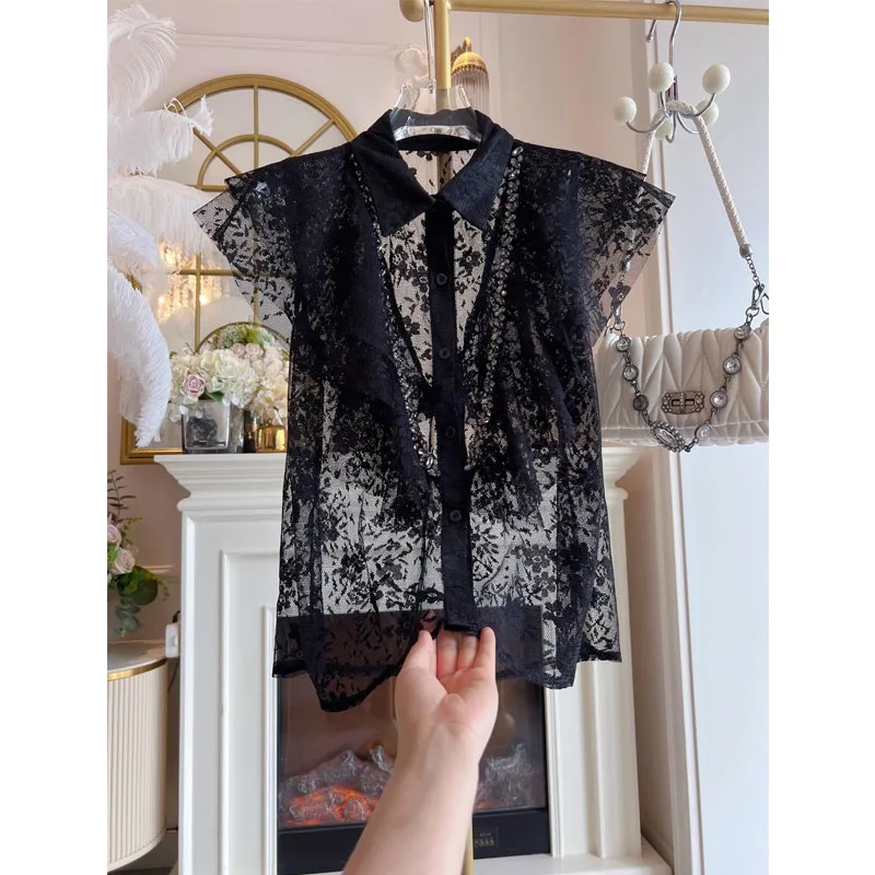 This Summer's New Heavy-Duty, Elegant Flutter-Sleeve Lace Blouse, Loose-Fitting, Versatile White and Black Sleeveless Shirt for Women This Summer's New Heavy-Duty, Elegant Flutter-Sleeve Lace Blouse, Loose-Fitting, Versatile White and Black Sleeveless Shirt for Women