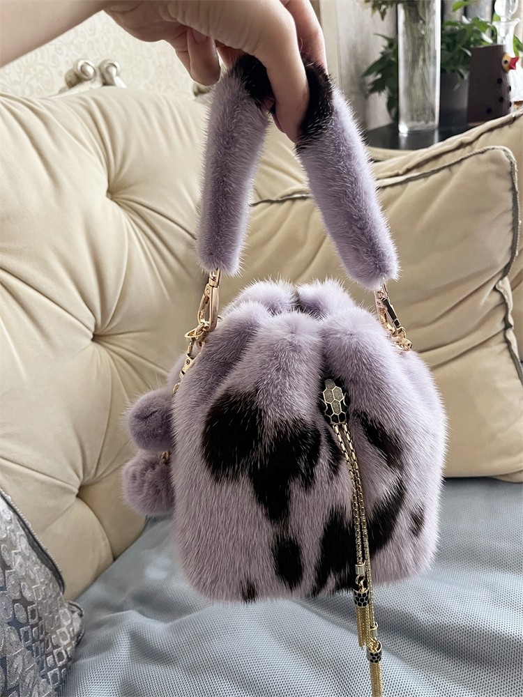 Women's Luxury Real Mink Fur Handbag Bucket Bag Tote Shoulder Bag