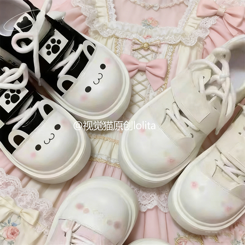 Visual Cat Original Easy Story New Color Student Lo Shoes Bear Cute Lolita Sneakers Black and White Color Matching Comfortable