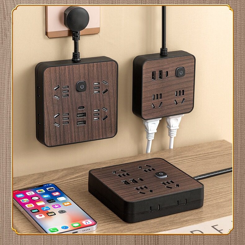 寮や家庭での使用に最適な、USB充電機能付きのオール銅製木目調多機能スクエア型卓上電源タップ