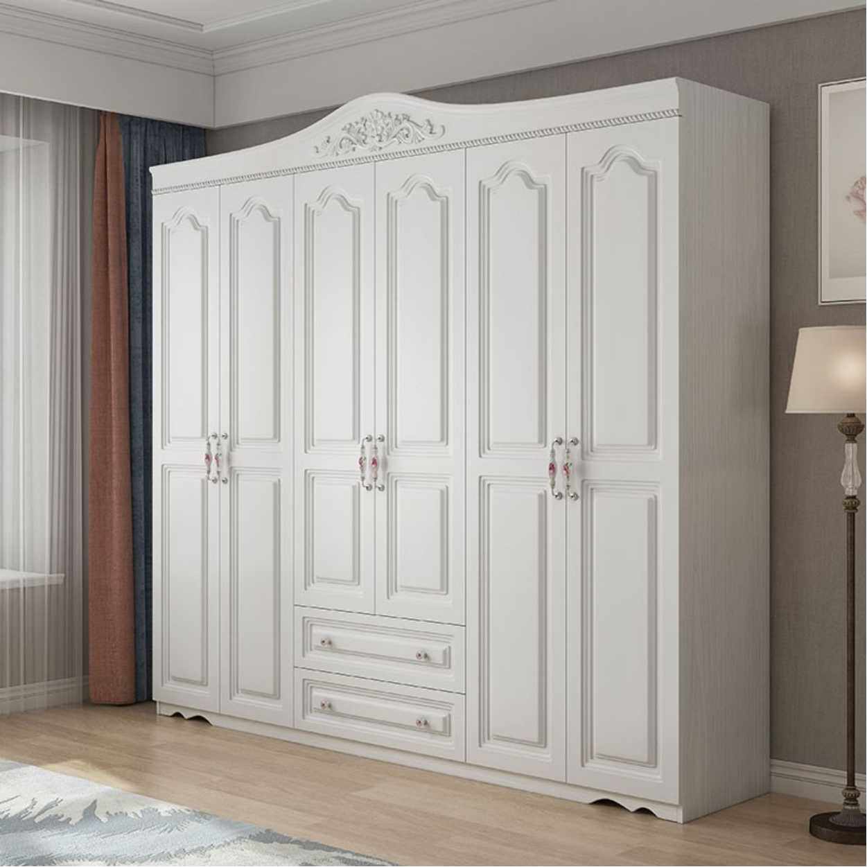 European-style six-door large wardrobe bedroom modern minimalist home white locker rental room storage cabinet hanging wardrobe - Taobao