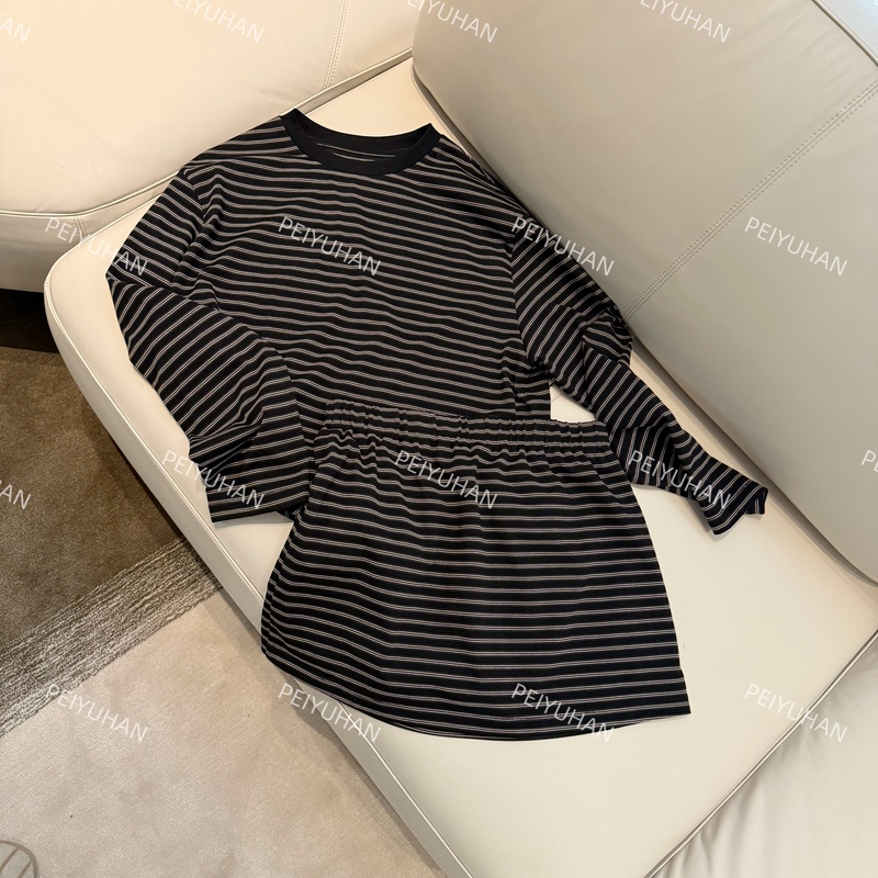 Peiyuhan Peipei【Striped T-Shirt and Short Skirt Two-Piece Set】Spring and Summer Simple Women's Casual Suit V8878
