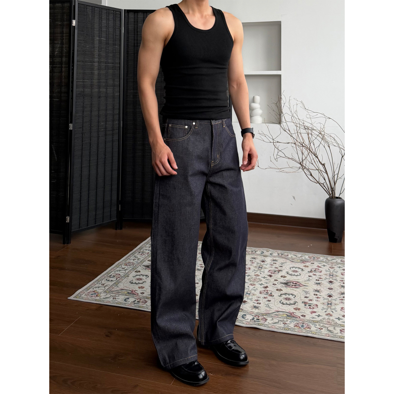 Allfit 12.5 oz Dark Blue Raw Denim Reactive Dyed Unbleached A-Line Loose Straight-Leg Commuter Jeans