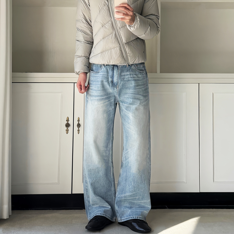 Allfit Ice Blue Loose Straight-Leg Jeans Washed Whiskered Versatile Commuter Cleanfit Long Pants for Men Allfit Ice Blue Loose Straight-Leg Jeans Washed Whiskered Versatile Commuter Cleanfit Long Pants for Men