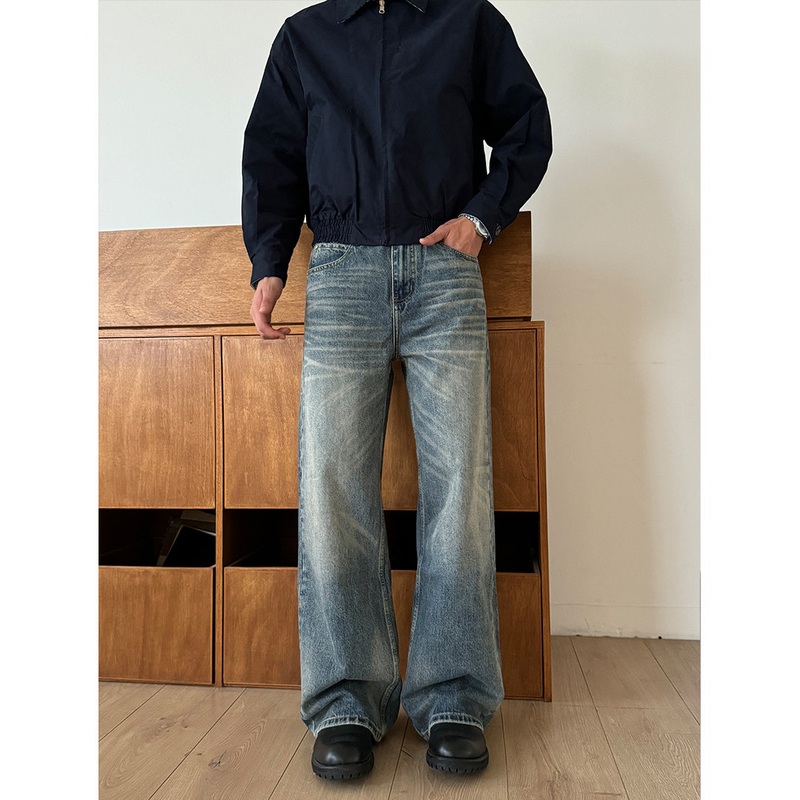 Allfit Retro Blue Denim 14oz Loose Straight A-Line Three-Dimensional Whiskered Basic Versatile Casual Denim Pants for Men Allfit Retro Blue Denim 14oz Loose Straight A-Line Three-Dimensional Whiskered Basic Versatile Casual Denim Pants for Men