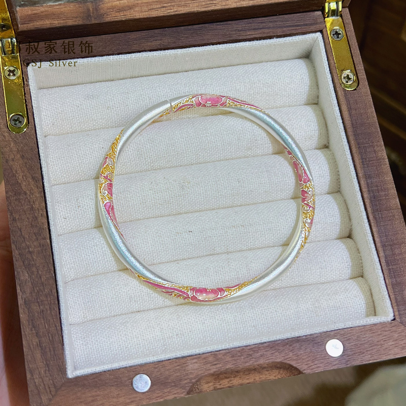 Silver Bracelet with Gold Inlay and Enamel, 9999 Pure Silver, Chinese Style, Versatile, Solid Silver, Gift for Women