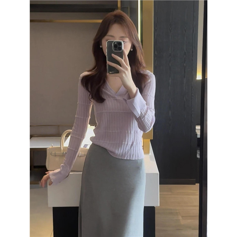 Autumn Outfit: a Complete Set of Light Luxury, High-End, Stunningly Beautiful, Chic and Unique Purple Knit Suit Dress