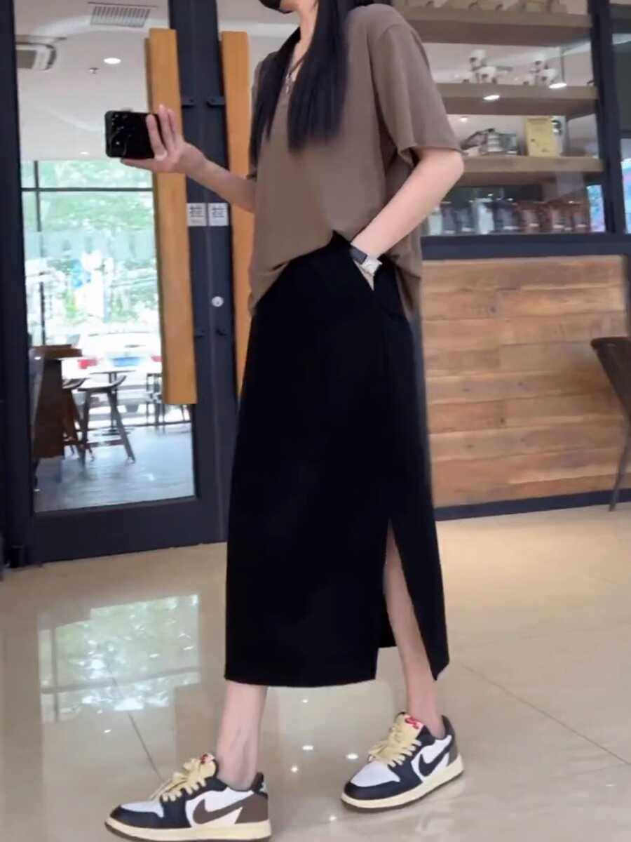 大码300斤高腰黑色半身裙女夏季新款胖MM弹力显瘦中长款开叉A字裙
