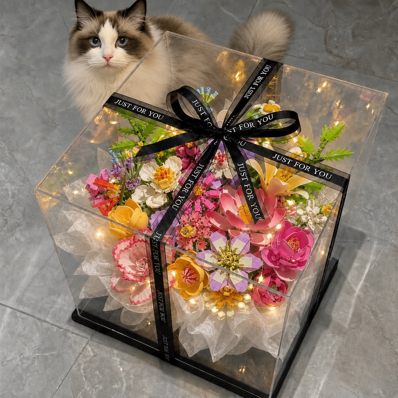 Acrylic Display Box for Building Block Flowers, Gift-Giving Building Block Figurine Storage and Display Box, Dust Cover, Transparent and High Transparency