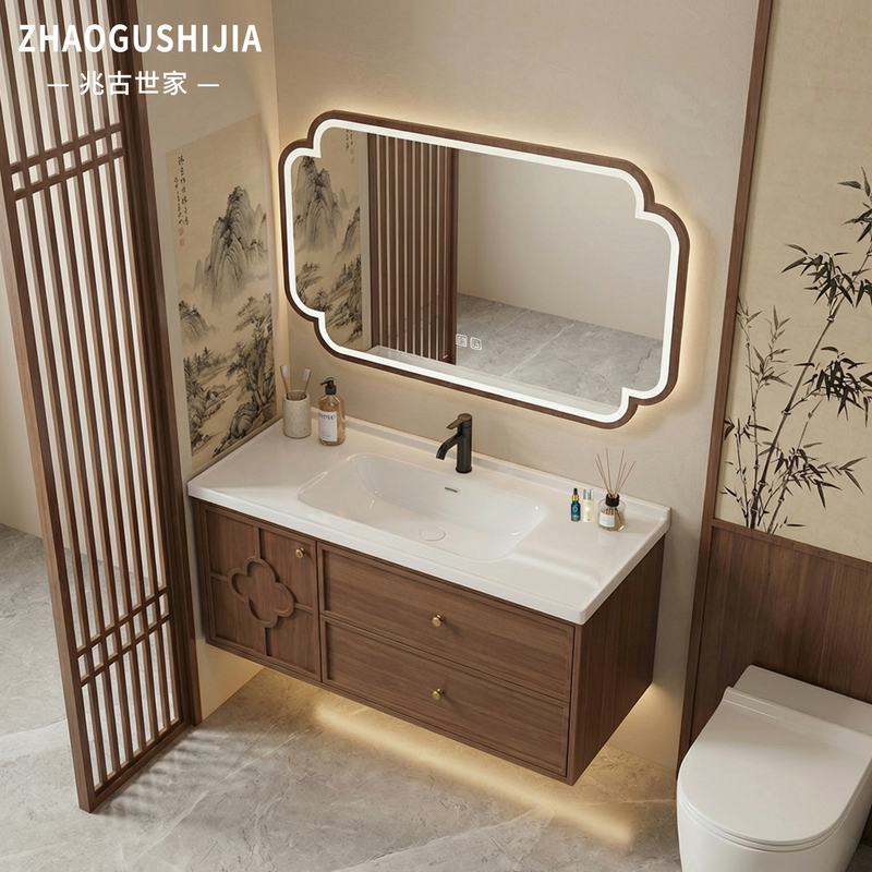 New Song-Style Aesthetic Bathroom Cabinet Set with Integrated Ceramic Washbasin, Oak Washstand, and Luxury Stone