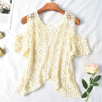 6 29X13119 summer new womens Korean version of round neck pullover fashion sexy hook flower hollow strapless short sleeve top