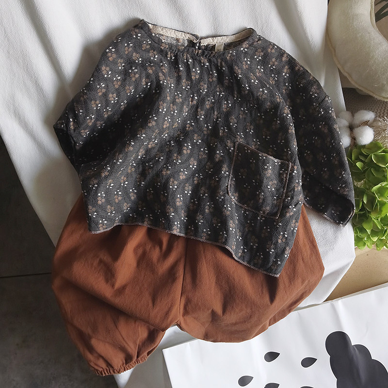 Retro tone~2020 Spring and Autumn literature and art Han Fan floral cotton linen blouse Children's baby loose pullover T-shirt