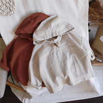 Autumn lap clothes ~ 2021 South Korean childrens cotton linen jacket not even cap loose male and female baby hooded sweatshirt