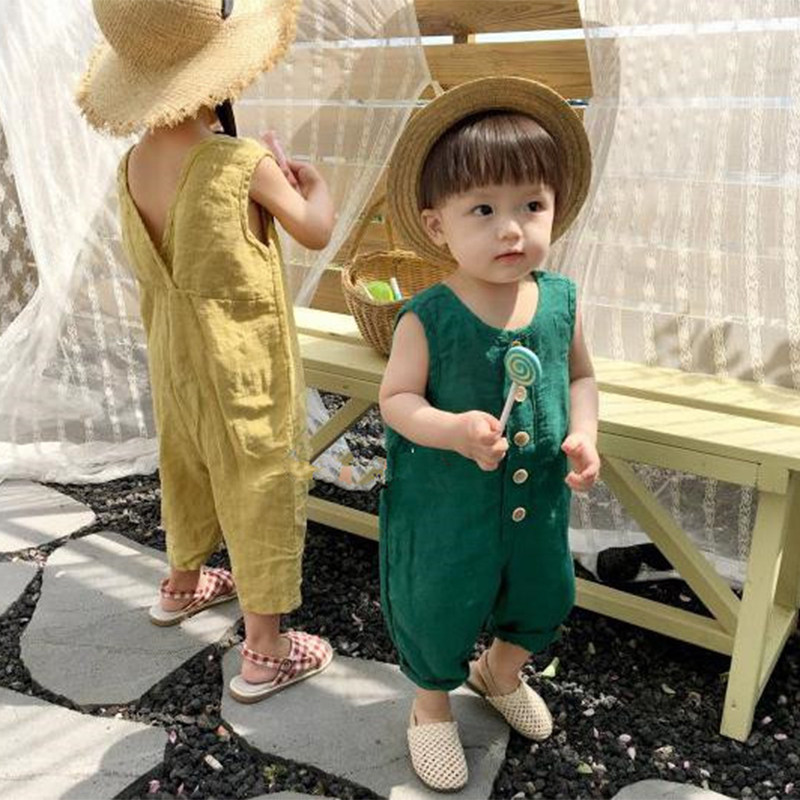 Self-retaining foreign school cute summer chun linen children's jumpsuit Back split sleeveless jumpsuit 7-point pants