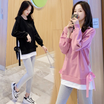 Pregnant women spring and autumn set 2021 fashion cotton little pregnant woman 150cm loose bow sweater