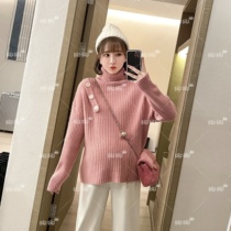 Net Reds Pregnancy Wear Maternity Wear Autumn and Winter New Half Sugar Pie Loose High Neck Oblique Shoulder Buckle Thickened Sweater