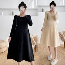 Pregnant womens autumn and winter loose and thick knitted sweater mid-length late pregnancy Western-style fungus collar bottoming dress