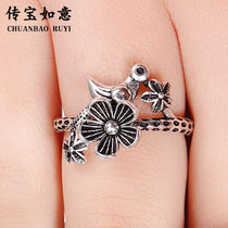 S925 sterling silver plum ring female ins tide retro opening flower ring magpie tail ring silver first jewelry ring