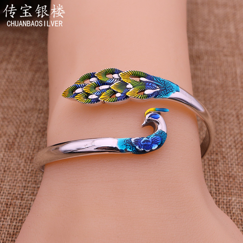 Cloisonne peacock bracelet female 999 sterling silver jewelry Jewelry Tanabata Valentine's Day Birthday gift for girlfriend and wife