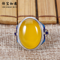 S925 pure silver yellow jade medullary ring Tai silver insert jade medullary index finger ring retro ring National wind adjustable ring